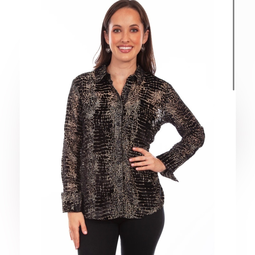 Scully Animal Print Velvet Burn Out Button Up Blouse Black Grey Western Large